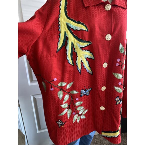 Vtg Maggie Barnes Jacket Red Floral Butterfly Wearable Art Plus Size 4X (J43) - Picture 3 of 12